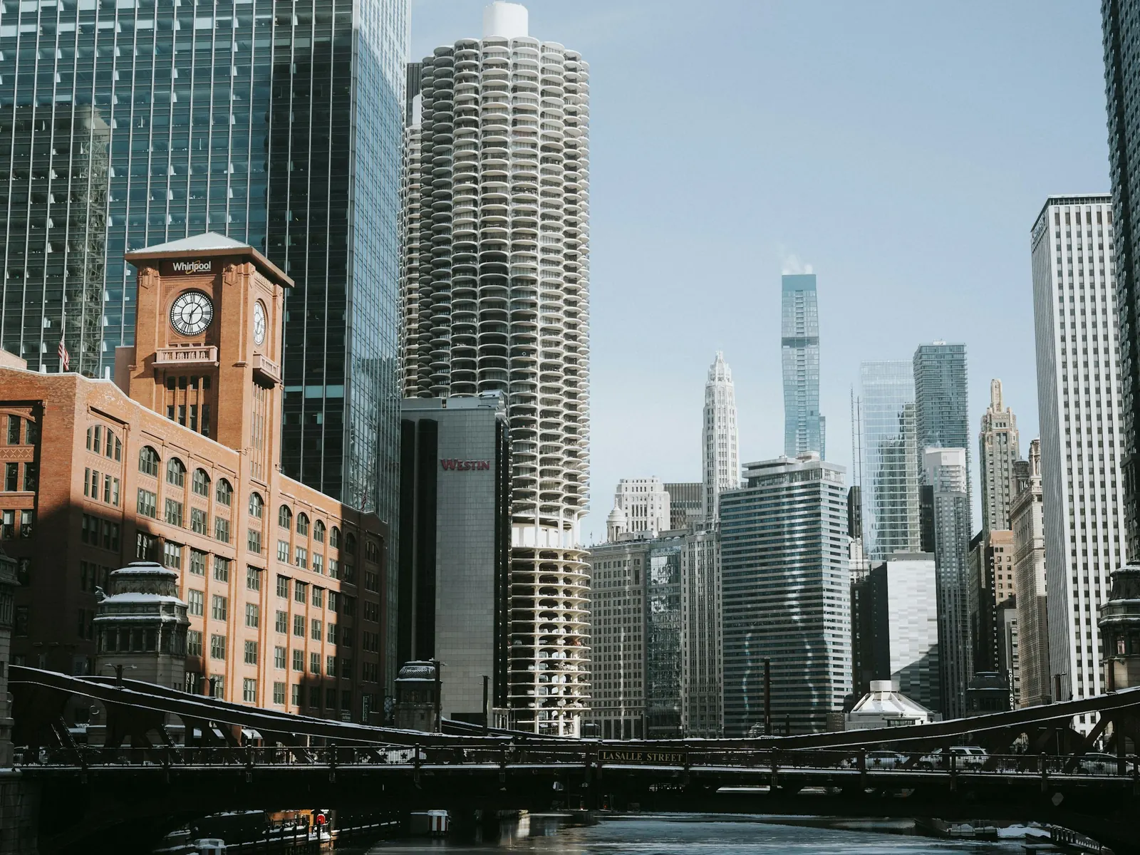 Chicago River framed by downtown architecture