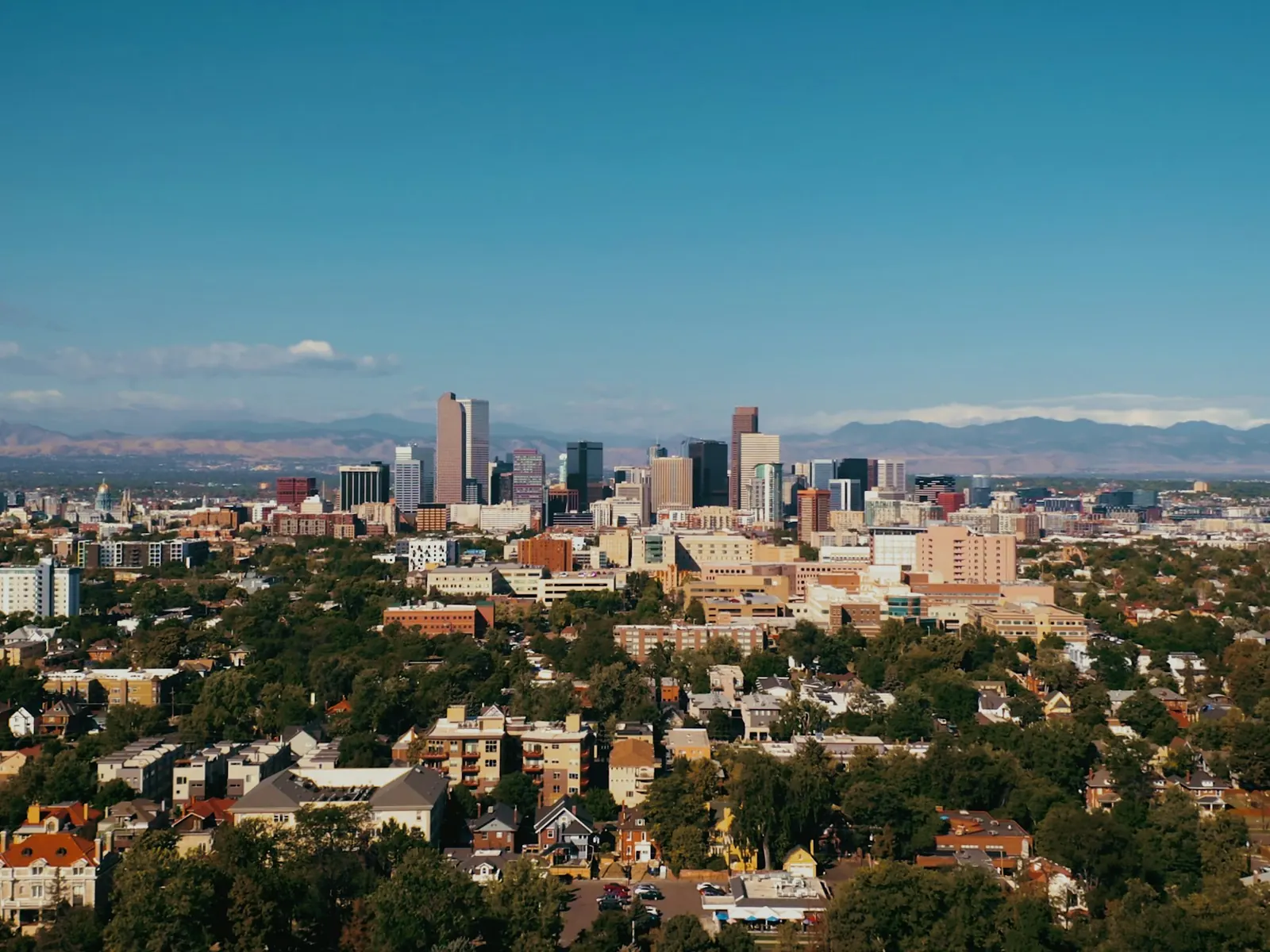 Denver skyline with the Rocky Mountains in the distance